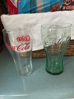 2 Vintage Coca Cola Clear with Red Script and Green Embossed Glass Tumblers
